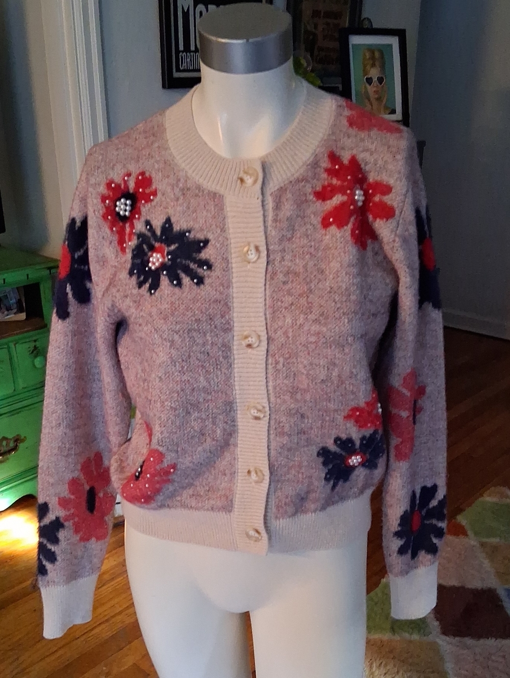 Nicole Miller Pink Floral Beaded Cardigan Sweater
